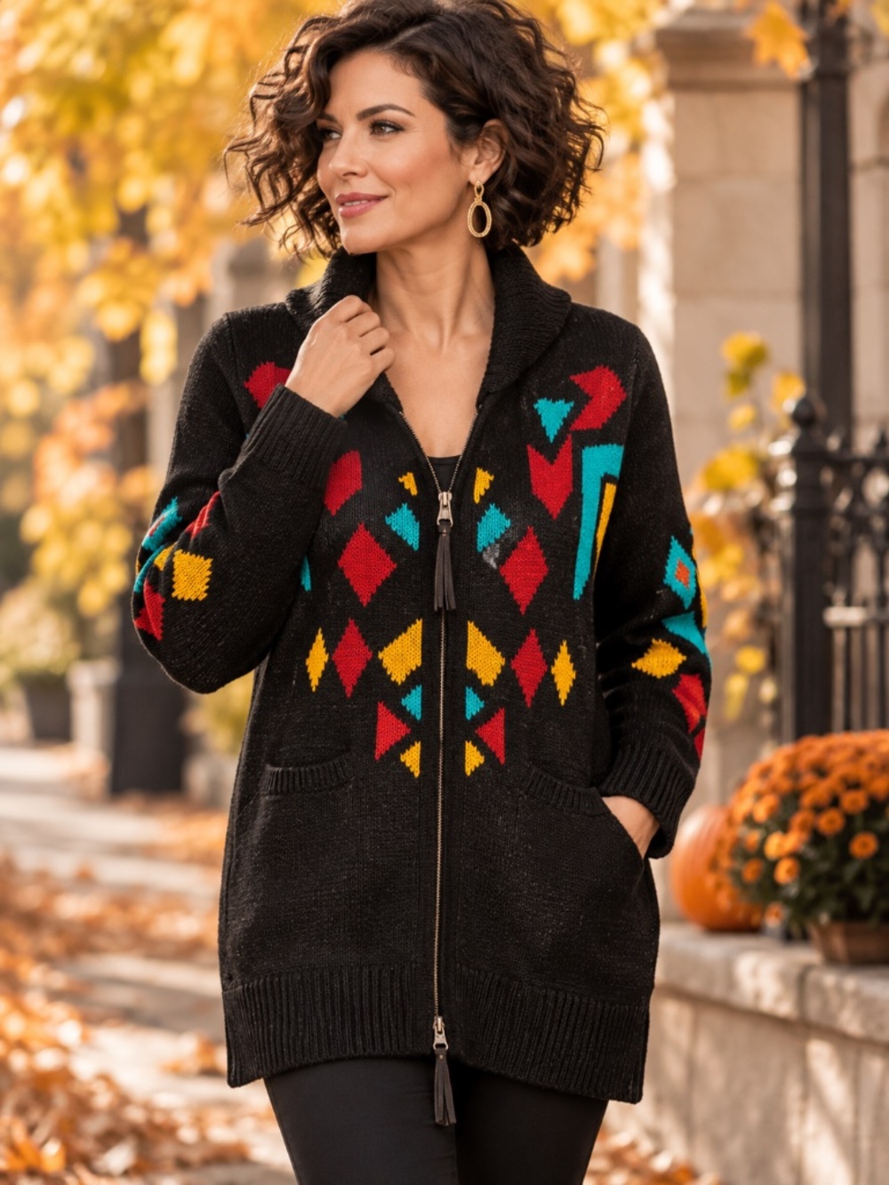 Warehouse One Black Geometric Zip Front Long Knit Cardigan- Bundle & Save